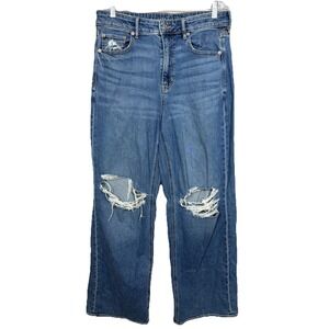 American Eagle Jeans Womens 10 Wide Leg‎ Baggy Denim Super High Rise Distressed